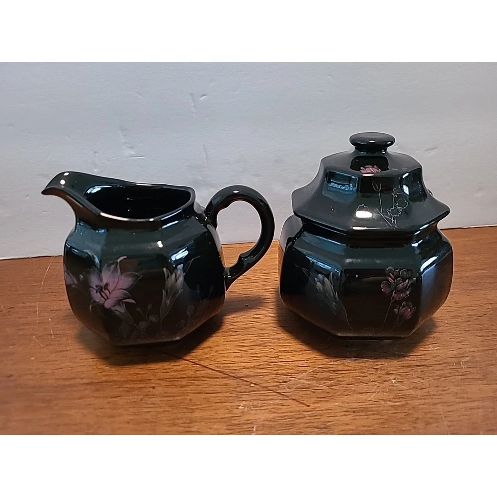 Mikasa EBONY GARDEN Sugar Bowl and Creamer Set Pink Yellow Flowers Black F3701